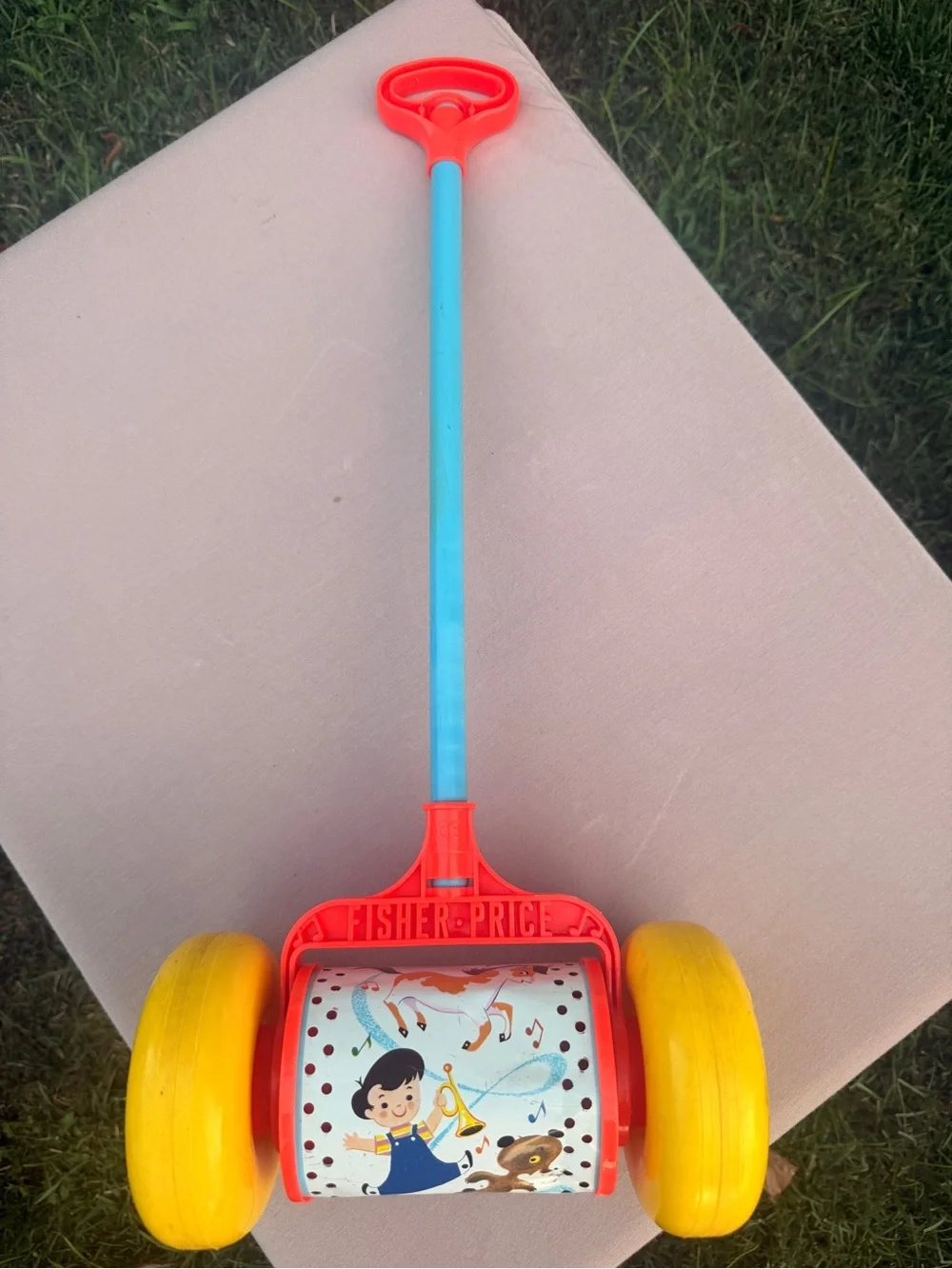 Fisher-Price Red, Blue & Yellow Musical Push Drum Walker 1963 vintage